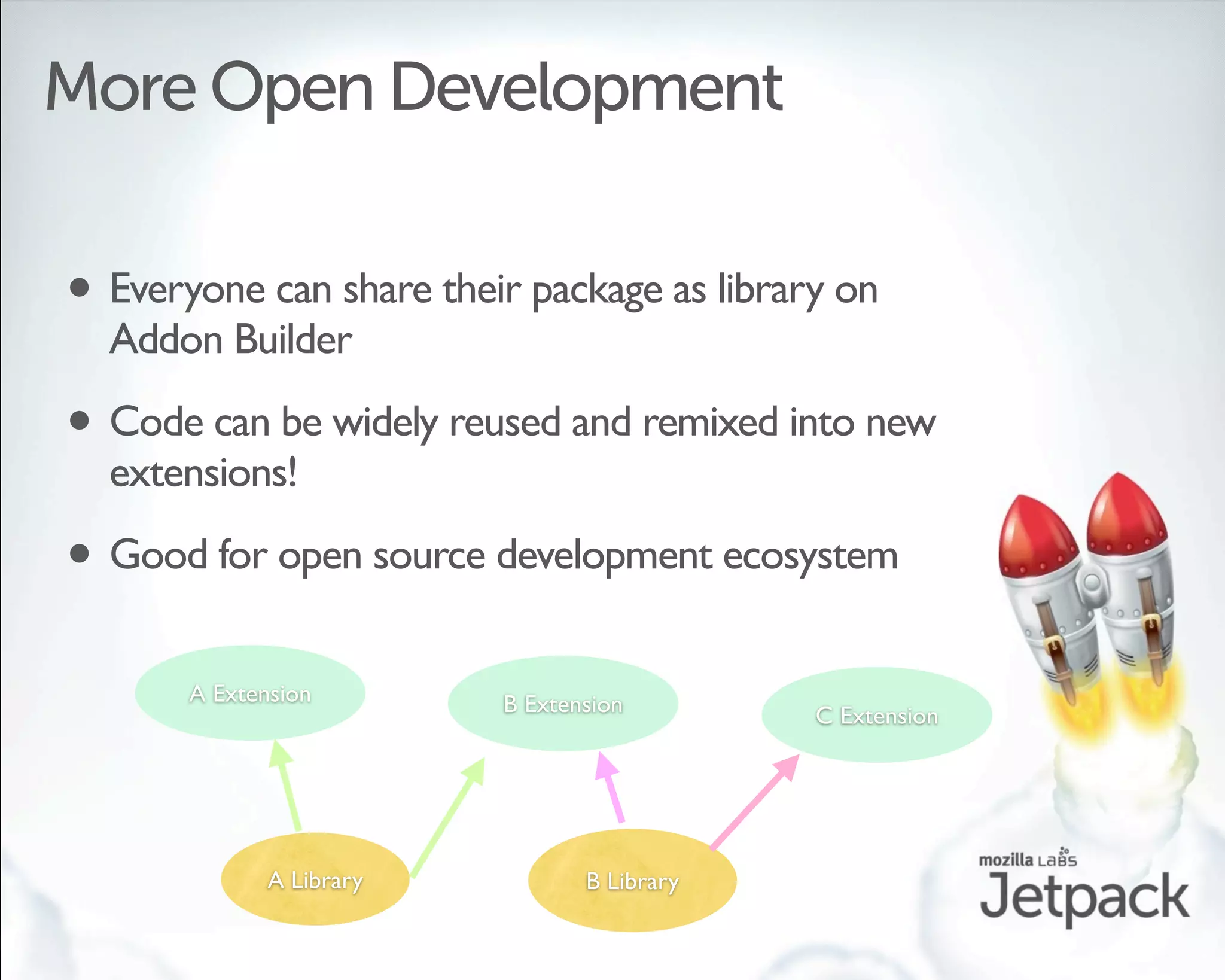 More Open Development

• Everyone can share their package as library on
  Addon Builder

• Code can be widely reused and remixed into new
  extensions!

• Good for open source development ecosystem
       A Extension        B Extension        C Extension




              A Library          B Library
 