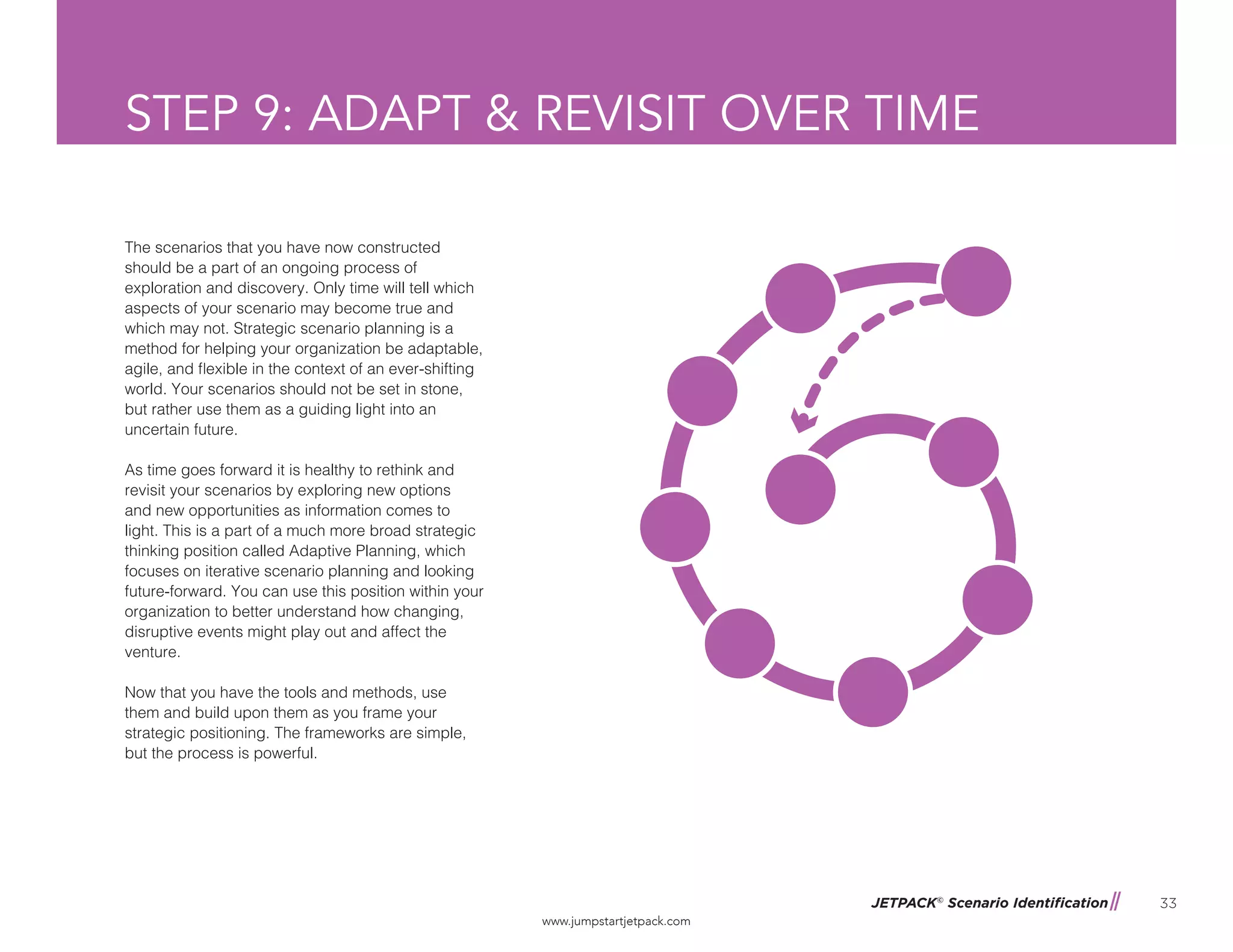 JETPACK©
Scenario Identification
www.jumpstartjetpack.com
33
STEP 9: ADAPT & REVISIT OVER TIME
The scenarios that you have now constructed
should be a part of an ongoing process of
exploration and discovery. Only time will tell which
aspects of your scenario may become true and
which may not. Strategic scenario planning is a
method for helping your organization be adaptable,
agile, and flexible in the context of an ever-shifting
world. Your scenarios should not be set in stone,
but rather use them as a guiding light into an
uncertain future.
As time goes forward it is healthy to rethink and
revisit your scenarios by exploring new options
and new opportunities as information comes to
light. This is a part of a much more broad strategic
thinking position called Adaptive Planning, which
focuses on iterative scenario planning and looking
future-forward. You can use this position within your
organization to better understand how changing,
disruptive events might play out and affect the
venture.
Now that you have the tools and methods, use
them and build upon them as you frame your
strategic positioning. The frameworks are simple,
but the process is powerful.
 