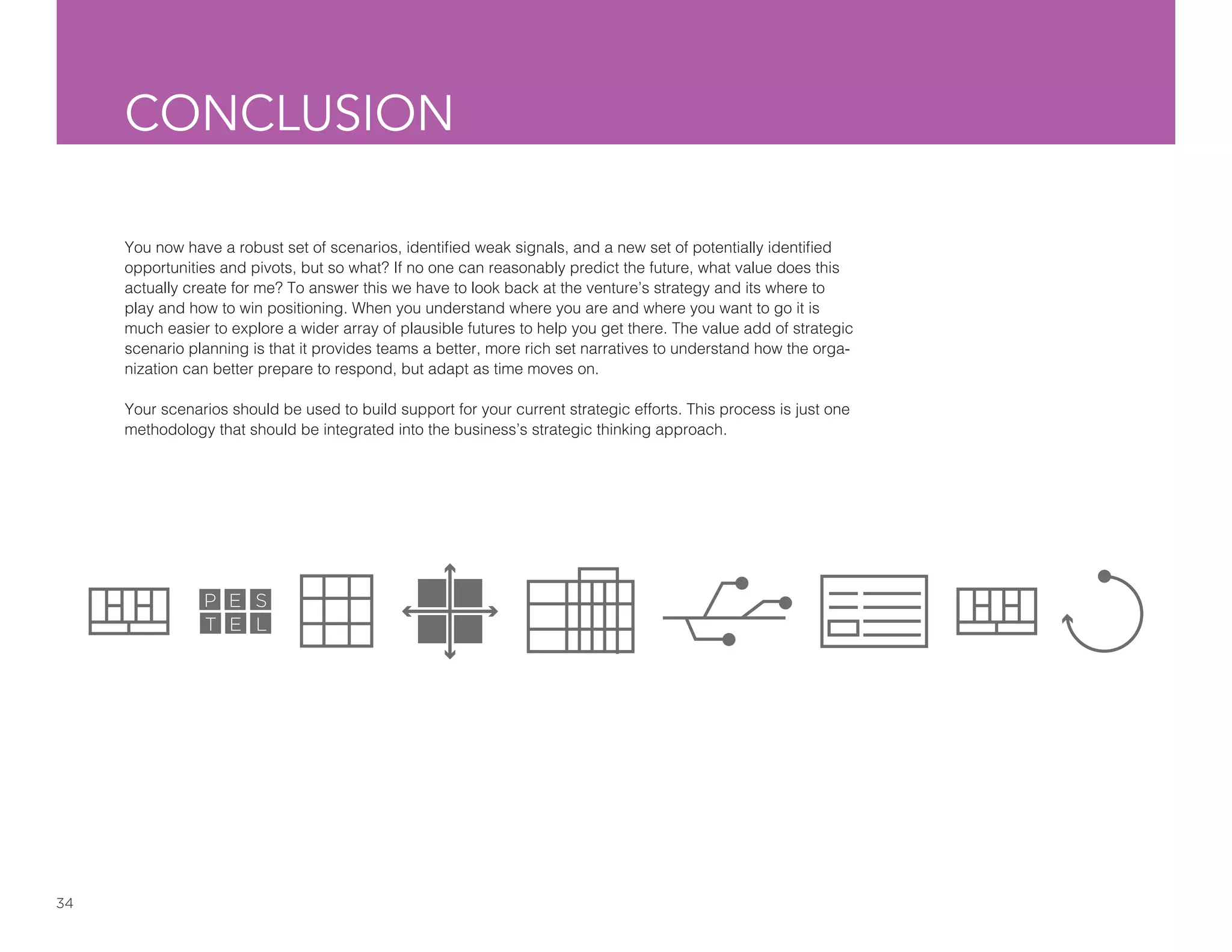 34
CONCLUSION
You now have a robust set of scenarios, identified weak signals, and a new set of potentially identified
opportunities and pivots, but so what? If no one can reasonably predict the future, what value does this
actually create for me? To answer this we have to look back at the venture’s strategy and its where to
play and how to win positioning. When you understand where you are and where you want to go it is
much easier to explore a wider array of plausible futures to help you get there. The value add of strategic
scenario planning is that it provides teams a better, more rich set narratives to understand how the orga-
nization can better prepare to respond, but adapt as time moves on.
Your scenarios should be used to build support for your current strategic efforts. This process is just one
methodology that should be integrated into the business’s strategic thinking approach.
 