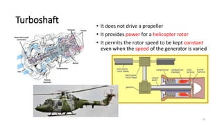 16
Turboshaft • It does not drive a propeller
• It provides power for a helicopter rotor
• It permits the rotor speed to be kept constant
even when the speed of the generator is varied
 