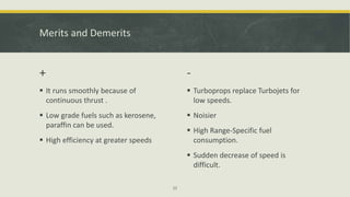 Merits and Demerits
+
 It runs smoothly because of
continuous thrust .
 Low grade fuels such as kerosene,
paraffin can be used.
 High efficiency at greater speeds
-
 Turboprops replace Turbojets for
low speeds.
 Noisier
 High Range-Specific fuel
consumption.
 Sudden decrease of speed is
difficult.
11
 