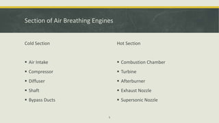 Section of Air Breathing Engines
Cold Section
 Air Intake
 Compressor
 Diffuser
 Shaft
 Bypass Ducts
Hot Section
 Combustion Chamber
 Turbine
 Afterburner
 Exhaust Nozzle
 Supersonic Nozzle
5
 