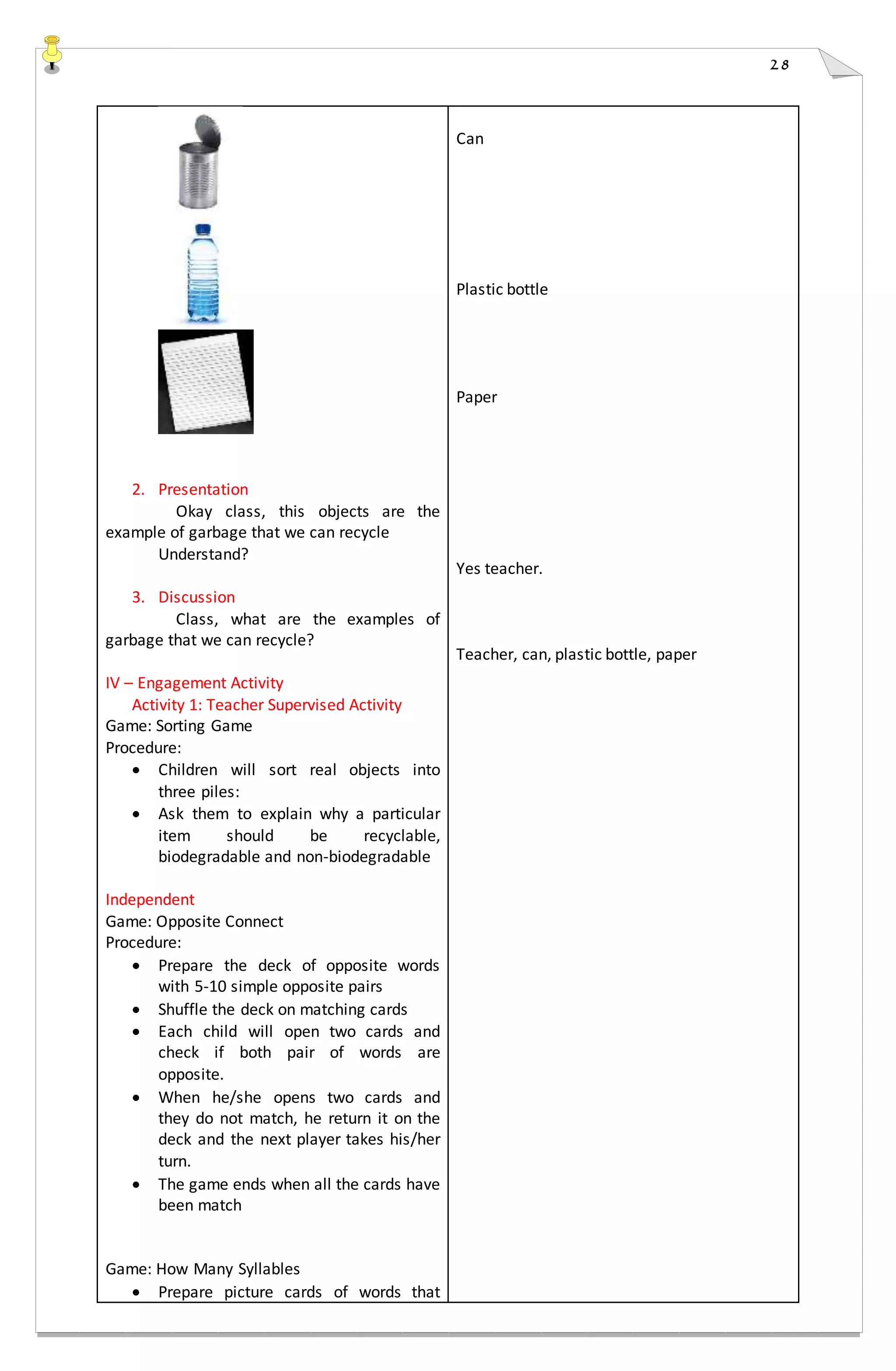 28
2. Presentation
Okay class, this objects are the
example of garbage that we can recycle
Understand?
3. Discussion
Class, what are the examples of
garbage that we can recycle?
IV – Engagement Activity
Activity 1: Teacher Supervised Activity
Game: Sorting Game
Procedure:
 Children will sort real objects into
three piles:
 Ask them to explain why a particular
item should be recyclable,
biodegradable and non-biodegradable
Independent
Game: Opposite Connect
Procedure:
 Prepare the deck of opposite words
with 5-10 simple opposite pairs
 Shuffle the deck on matching cards
 Each child will open two cards and
check if both pair of words are
opposite.
 When he/she opens two cards and
they do not match, he return it on the
deck and the next player takes his/her
turn.
 The game ends when all the cards have
been match
Game: How Many Syllables
 Prepare picture cards of words that
Can
Plastic bottle
Paper
Yes teacher.
Teacher, can, plastic bottle, paper
 