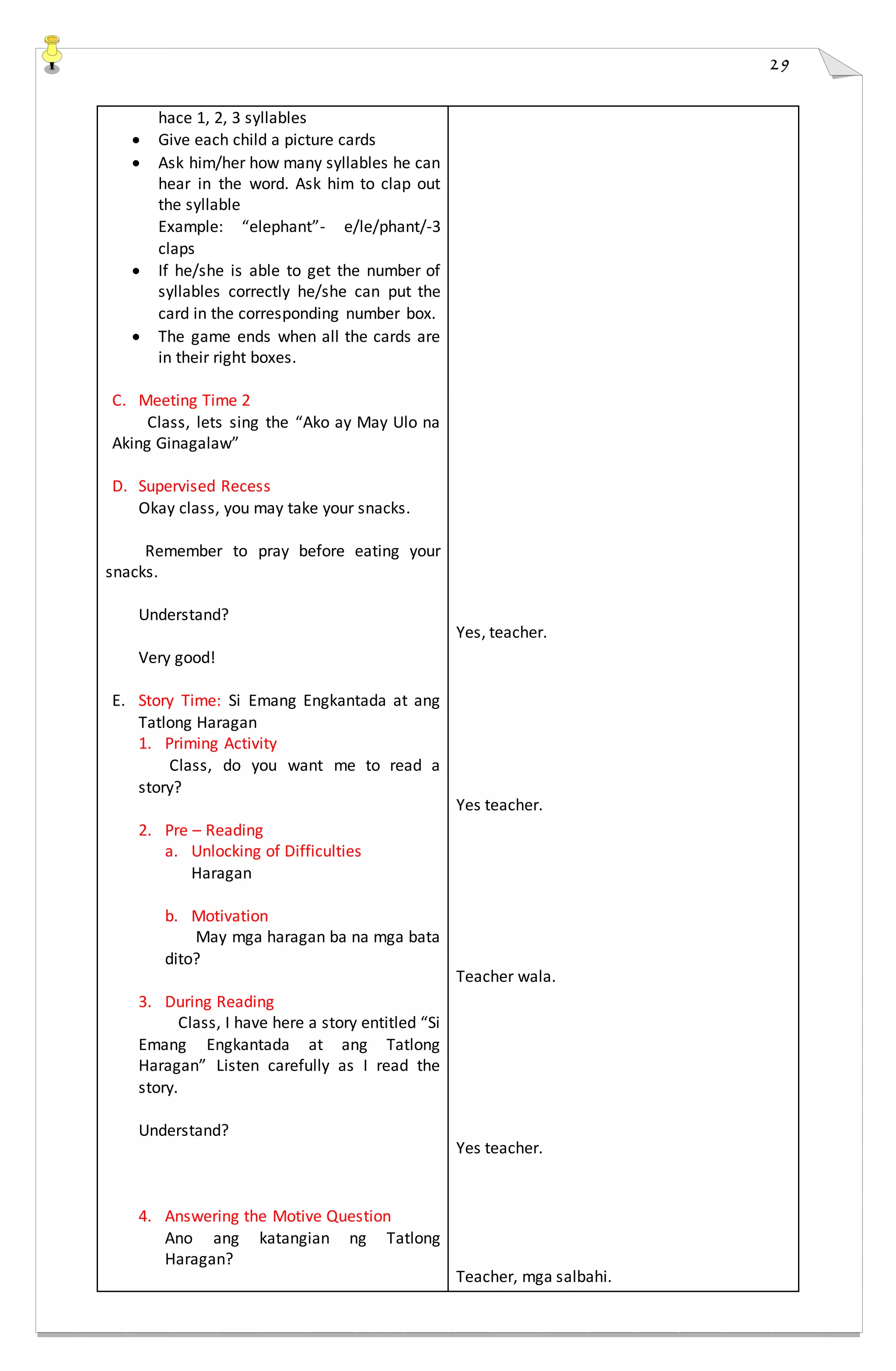 29
hace 1, 2, 3 syllables
 Give each child a picture cards
 Ask him/her how many syllables he can
hear in the word. Ask him to clap out
the syllable
Example: “elephant”- e/le/phant/-3
claps
 If he/she is able to get the number of
syllables correctly he/she can put the
card in the corresponding number box.
 The game ends when all the cards are
in their right boxes.
C. Meeting Time 2
Class, lets sing the “Ako ay May Ulo na
Aking Ginagalaw”
D. Supervised Recess
Okay class, you may take your snacks.
Remember to pray before eating your
snacks.
Understand?
Very good!
E. Story Time: Si Emang Engkantada at ang
Tatlong Haragan
1. Priming Activity
Class, do you want me to read a
story?
2. Pre – Reading
a. Unlocking of Difficulties
Haragan
b. Motivation
May mga haragan ba na mga bata
dito?
3. During Reading
Class, I have here a story entitled “Si
Emang Engkantada at ang Tatlong
Haragan” Listen carefully as I read the
story.
Understand?
4. Answering the Motive Question
Ano ang katangian ng Tatlong
Haragan?
Yes, teacher.
Yes teacher.
Teacher wala.
Yes teacher.
Teacher, mga salbahi.
 