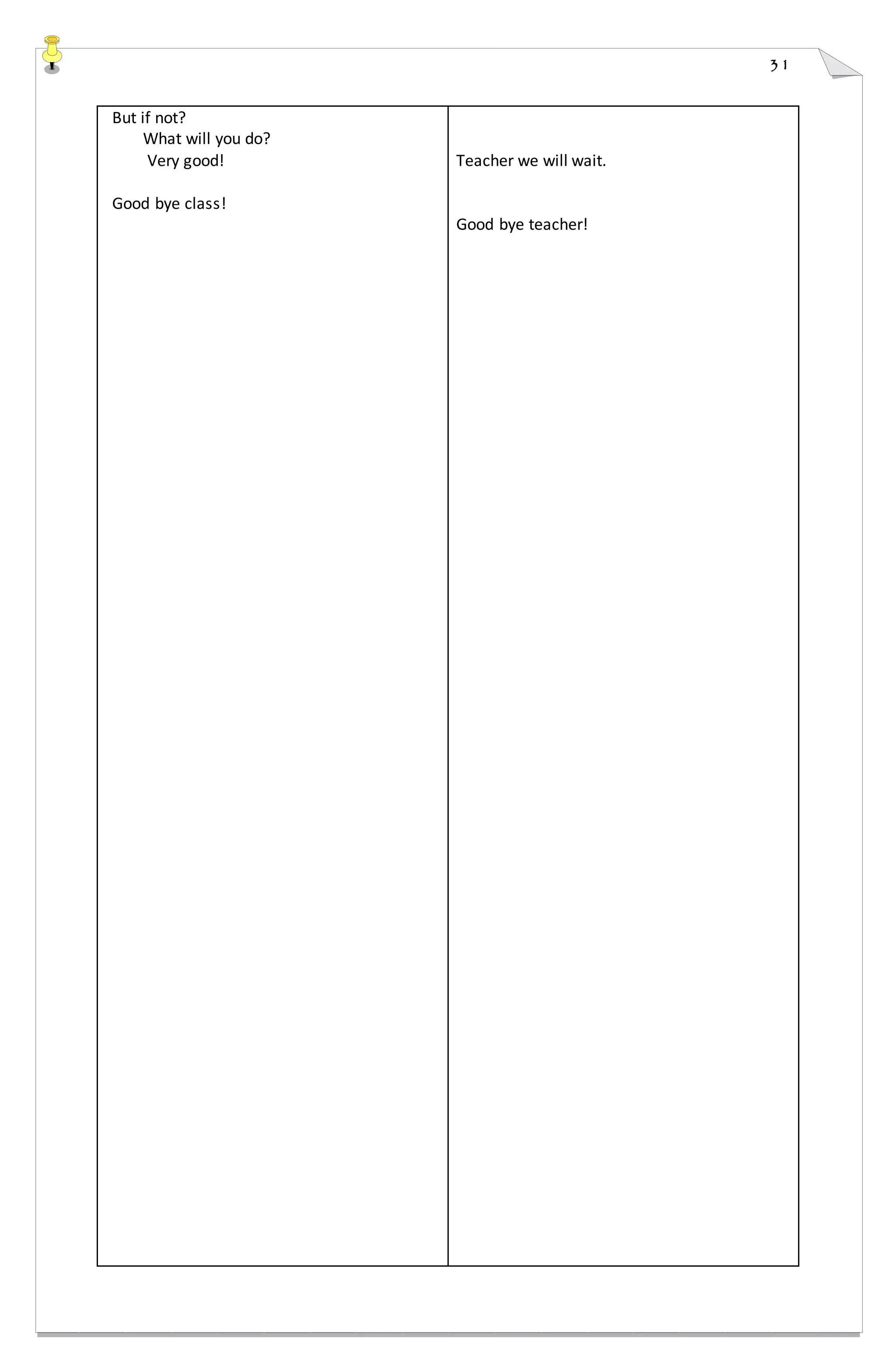 31
But if not?
What will you do?
Very good!
Good bye class!
Teacher we will wait.
Good bye teacher!
 