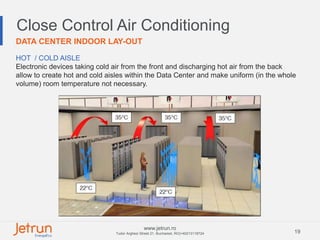 19
www.jetrun.ro
Tudor Arghezi Street 21, Bucharest, RO|+40213118724
HOT / COLD AISLE
Electronic devices taking cold air from the front and discharging hot air from the back
allow to create hot and cold aisles within the Data Center and make uniform (in the whole
volume) room temperature not necessary.
Close Control Air Conditioning
DATA CENTER INDOOR LAY-OUT
 