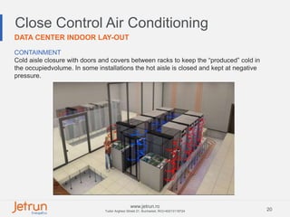 20
www.jetrun.ro
Tudor Arghezi Street 21, Bucharest, RO|+40213118724
CONTAINMENT
Cold aisle closure with doors and covers between racks to keep the “produced” cold in
the occupiedvolume. In some installations the hot aisle is closed and kept at negative
pressure.
Close Control Air Conditioning
DATA CENTER INDOOR LAY-OUT
 