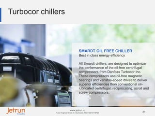 21
www.jetrun.ro
Tudor Arghezi Street 21, Bucharest, RO|+40213118724
Turbocor chillers
SMARDT OIL FREE CHILLER
Best in class energy efficiency
All Smardt chillers, are designed to optimize
the performance of the oil-free centrifugal
compressors from Danfoss Turbocor Inc.
These compressors use oil-free magnetic
bearings and variable-speed drives to deliver
superior efficiencies than conventional oil-
lubricated centrifugal, reciprocating, scroll and
screw compressors.
 