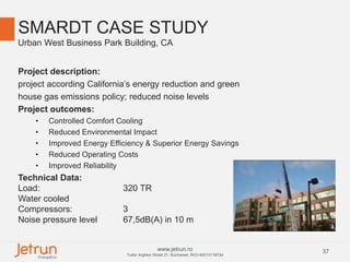37www.jetrun.ro
Tudor Arghezi Street 21, Bucharest, RO|+40213118724
SMARDT CASE STUDY
Urban West Business Park Building, CA
Project description:
project according California’s energy reduction and green
house gas emissions policy; reduced noise levels
Project outcomes:
• Controlled Comfort Cooling
• Reduced Environmental Impact
• Improved Energy Efficiency & Superior Energy Savings
• Reduced Operating Costs
• Improved Reliability
Technical Data:
Load: 320 TR
Water cooled
Compressors: 3
Noise pressure level 67,5dB(A) in 10 m
 
