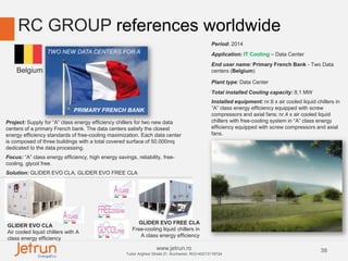 39www.jetrun.ro
Tudor Arghezi Street 21, Bucharest, RO|+40213118724
RC GROUP references worldwide
Period: 2014
Application: IT Cooling – Data Center
End user name: Primary French Bank - Two Data
centers (Belgium)
Plant type: Data Center
Total installed Cooling capacity: 8,1 MW
Installed equipment: nr.6 x air cooled liquid chillers in
“A” class energy efficiency equipped with screw
compressors and axial fans; nr.4 x air cooled liquid
chillers with free-cooling system in “A” class energy
efficiency equipped with screw compressors and axial
fans.
GLIDER EVO FREE CLA
Free-cooling liquid chillers in
A class energy efficiency
GLIDER EVO CLA
Air cooled liquid chillers with A
class energy efficiency
Project: Supply for “A” class energy efficiency chillers for two new data
centers of a primary French bank. The data centers satisfy the closest
energy efficiency standards of free-cooling maximization. Each data center
is composed of three buildings with a total covered surface of 50.000mq
dedicated to the data processing.
Focus: “A” class energy efficiency, high energy savings, reliability, free-
cooling, glycol free.
Solution: GLIDER EVO CLA, GLIDER EVO FREE CLA
TWO NEW DATA CENTERS FOR A
PRIMARY FRENCH BANK
Belgium
 