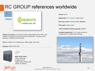 40www.jetrun.ro
Tudor Arghezi Street 21, Bucharest, RO|+40213118724
RC GROUP references worldwide
Period: 2014
Application: IT cooling – Data Center
End user name: Cosmote MSC (Greece)
Plant type: Data Center
Total installed Cooling capacity: 264kW
Installed equipment: nr.8 x close control air
conditioners for chilled water feedingProject: Cosmote is the Greek mobile market leader since 2001 with
millions of customers and thousands of employees. The group also
operates in Albania and Romania.
Focus: precision air conditioning, chilled water, low noise
Solution: NEXT EVO CW
NEXT EVO CW O
Close control air
conditioners for
chilled water feeding with
upflow air delivery.
Greece
 