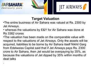 i
                      Target Valuation
•The entire business of Air Sahara was valued at Rs. 2300 by
Jet Airways.
• whereas the valuations by E&Y for Air Sahara was done at
Rs 3382 crores
•The valuation has been made on the comparable value with
respect to the valuations of Jet Airways. Only the assets will be
acquired, liabilities to be borne by Air Sahara itself Nikhil Garg
from Edelweiss Capital said that if Jet Airways pays Rs. 2300
crore to Air Sahara, then Jet would be overpaying by 35%, as
because the valuations of Jet dipped by 35% within months of
deal talks
.
 