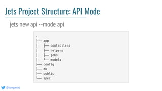 @tongueroo
Jets Project Structure: API Mode
jets new api --mode api
 