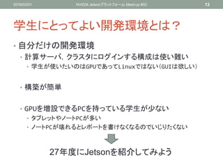 学生にとってよい開発環境とは？
• 自分だけの開発環境
• 計算サーバ，クラスタにログインする構成は使い難い
• 学生が使いたいのはGPUであってLinuxではない（GUIは欲しい）
• 構築が簡単
• GPUを増設できるPCを持っている学生が少ない
• タブレットやノートPCが多い
• ノートPCが壊れるとレポートを書けなくなるのでいじりたくない
2016/03/01 NVIDIA Jetsonプラットフォーム Meet-up #02 13
27年度にJetsonを紹介してみよう
 