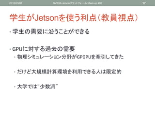 学生がJetsonを使う利点（教員視点）
• 学生の需要に沿うことができる
• GPUに対する過去の需要
• 物理シミュレーション分野がGPGPUを牽引してきた
• だけど大規模計算環境を利用できる人は限定的
• 大学では“少数派”
2016/03/01 NVIDIA Jetsonプラットフォーム Meet-up #02 17
 