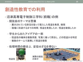 創造性教育での利用
• 沼津高専電子制御工学科（前職）の例
• 競技会のテーマは警備
• 展示されている財宝を狙って侵入した怪盗を発見，確保
• 現場に到達するまでの時間，怪盗を発見したか，怪盗を確保したか
• 学生から出たアイデアの一部
• 怪盗役の機体を複数用意，写真に撮って照合し，どの怪盗かを特定
• 複数のチームで連携して怪盗を確保
• 処理時間の都合上，妥協せざるを得ない
2016/03/01 NVIDIA Jetsonプラットフォーム Meet-up #02 23
怪盗役
実際の競技
の様子
MIRS 2015年度授業資料より引用 http://www2.denshi.numazu-ct.ac.jp/mirsdoc2/
 