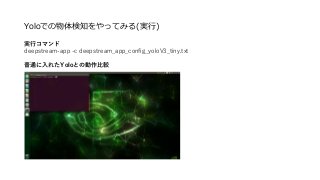 Yoloでの物体検知をやってみる(実行)
実行コマンド
deepstream-app -c deepstream_app_config_yoloV3_tiny.txt
普通に入れたYoloとの動作比較
 