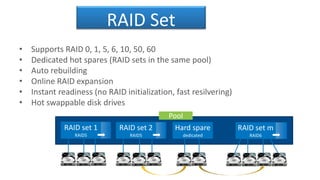 RAID Set
• Supports RAID 0, 1, 5, 6, 10, 50, 60
• Dedicated hot spares (RAID sets in the same pool)
• Auto rebuilding
• Online RAID expansion
• Instant readiness (no RAID initialization, fast resilvering)
• Hot swappable disk drives
Hard spare
dedicated
Pool
RAID set m
RAID6
RAID set 2
RAID5
RAID set 1
RAID5
 