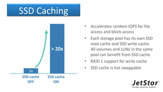 SSD Caching
• Accelerates random IOPS for file
access and block access
• Each storage pool has its own SSD
read cache and SSD write cache.
All volumes and LUNs in the same
pool can benefit from SSD cache.
• RAID 1 support for write cache
• SSD cache is hot swappable
SSD cache
OFF
SSD cache
ON
1x
> 20x
 