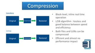 Compression
• Block-level, inline real time
operation
• LZJB algorithm : lossless and
good balance between speed
and efficiency
• Both files and LUNs can be
compressed
• Efficient and almost no
performance impact
Lossless
Original RestoredCompressed
Lossy
Original RestoredCompressed
 