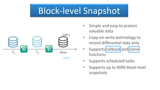Block-level Snapshot
• Simple and easy to protect
valuable data
• Copy-on-write technology to
record differential data only
• Supports rollback and clone
functions
• Supports scheduled tasks
• Supports up to 4096 block-level
snapshots
T1 T2 Now
LUN 1
LUN 2
 