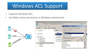 Windows ACL Support
• Supports Windows ACL
• Set folder access permission in Windows environment
read
 