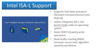 Intel ISA-L Support
• Supports Intel Xeon processor
(Nehalem microarchitecture and
beyond)
• JetStor integrates ISA-L into
kernel mode codes in operating
system
• Faster XOR P+Q parity write
operations
• Multi-buffer hashing (MbH)
increases secure hash algorithm
speed by parallelism
 