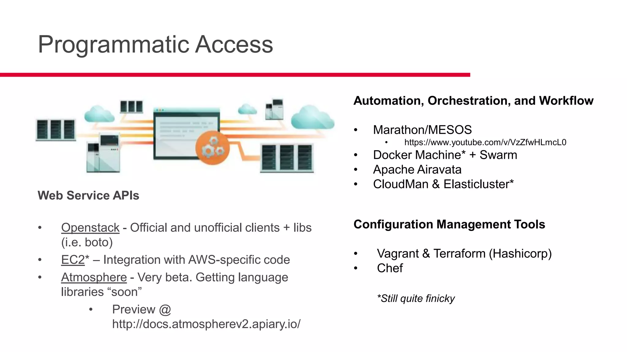 Programmatic Access
Web Service APIs
• Openstack - Official and unofficial clients + libs
(i.e. boto)
• EC2* – Integration with AWS-specific code
• Atmosphere - Very beta. Getting language
libraries “soon”
• Preview @
http://docs.atmospherev2.apiary.io/
*Still quite finicky
Automation, Orchestration, and Workflow
• Marathon/MESOS
• https://www.youtube.com/v/VzZfwHLmcL0
• Docker Machine* + Swarm
• Apache Airavata
• CloudMan & Elasticluster*
Configuration Management Tools
• Vagrant & Terraform (Hashicorp)
• Chef
 