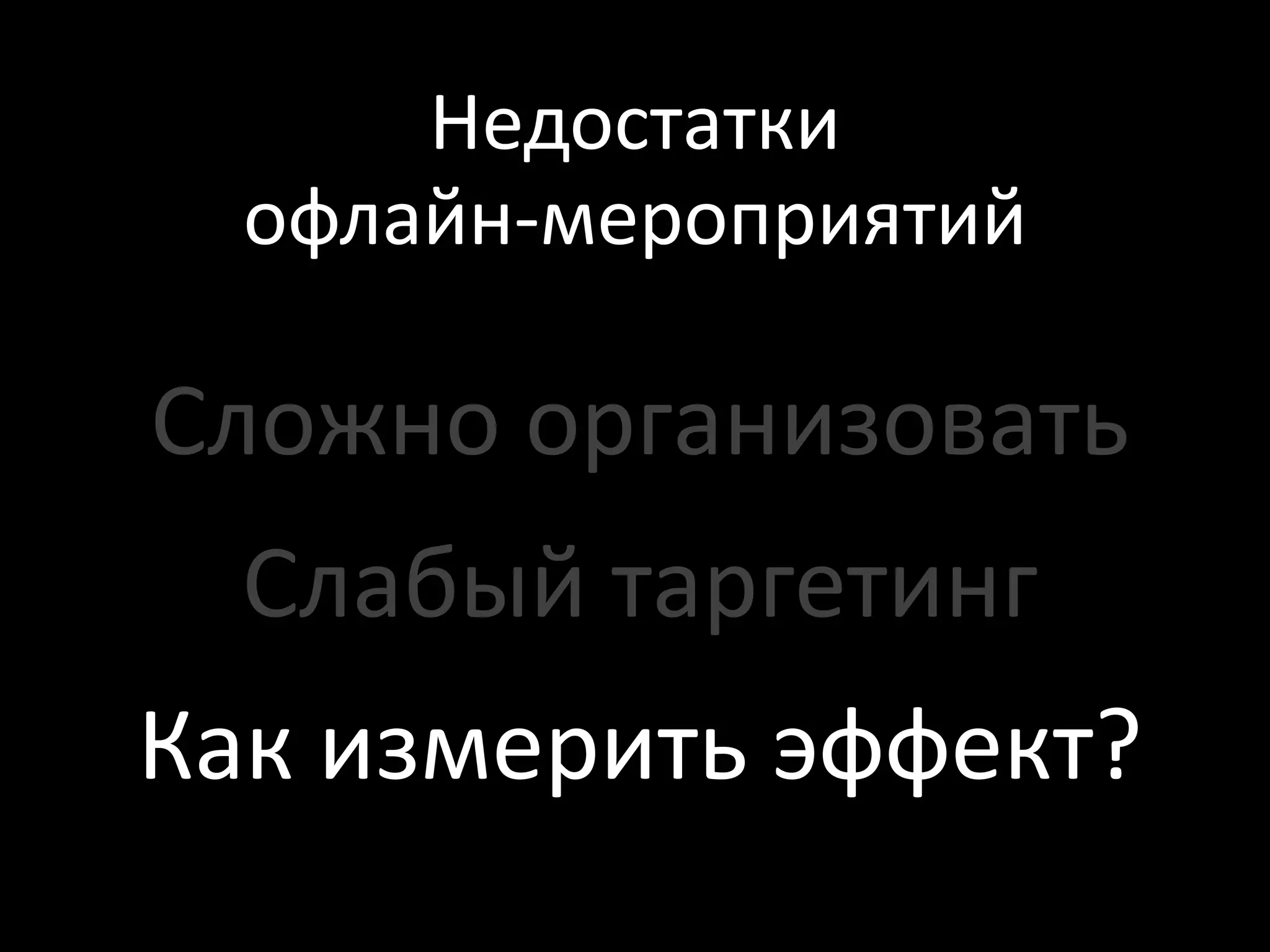 Недостатки
  офлайн-мероприятий

Сложно организовать
  Слабый таргетинг
Как измерить эффект?
 