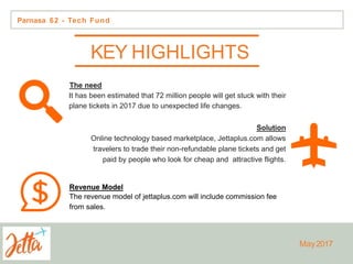 KEY HIGHLIGHTS
The need
It has been estimated that 72 million people will get stuck with their
plane tickets in 2017 due to unexpected life changes.
Solution
Online technology based marketplace, Jettaplus.com allows
travelers to trade their non-refundable plane tickets and get
paid by people who look for cheap and attractive flights.
Revenue Model
The revenue model of jettaplus.com will include commission fee
from sales.
Parnasa 62 - Tech Fund
May2017
 