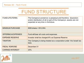 FUND STRUCTURE
FUND LIFE(TERM) The Company’s existence is perpetual and therefore dissolution
and/or distribution of all or part of the Company’s assets are not
expected at any time in thefuture.
MINIMUM PURCHASE 6000 shares = $16,994.
OFFERING &EXPENSES Fund will bear all costs and expenses
EXPENSE RESERVE Investor shall be charged 6% as Expense Reserve
TAXATION The Company is being treated as a corporation under the Israeli tax
laws.
FISCAL YEAR END December 31
CARRIED INTEREST 25%
Parnasa 62 - Tech Fund
July 2017
 