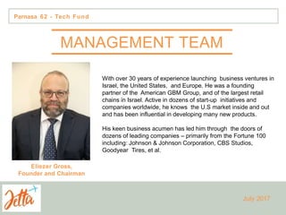 Eliezer Gross,
Founder and Chairman
MANAGEMENT TEAM
Parnasa 62 - Tech Fund
With over 30 years of experience launching business ventures in
Israel, the United States, and Europe. He was a founding
partner of the American GBM Group, and of the largest retail
chains in Israel. Active in dozens of start-up initiatives and
companies worldwide, he knows the U.S market inside and out
and has been influential in developing many new products.
His keen business acumen has led him through the doors of
dozens of leading companies – primarily from the Fortune 100
including: Johnson & Johnson Corporation, CBS Studios,
Goodyear Tires, et al.
July 2017
 