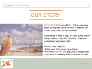 JETTAPLUS.COM (since 2015) - Online technology
based marketplace allows travellers to sell their own
unused plane tickets to other travellers.
We launched in Israel in Sep. 2016 and during a short
time ( 4 months ) Jetta Plus became a competitive
market player with active traffic:
• Visitors: over 1,000,000;
• Sales: over 1000 unused plane tickets;
• Online transactions: over $250,000 and cooperation
propositions from leading travel companies in Israel.
Parnasa 62 - Tech Fund
OUR STORY
July 2017
 