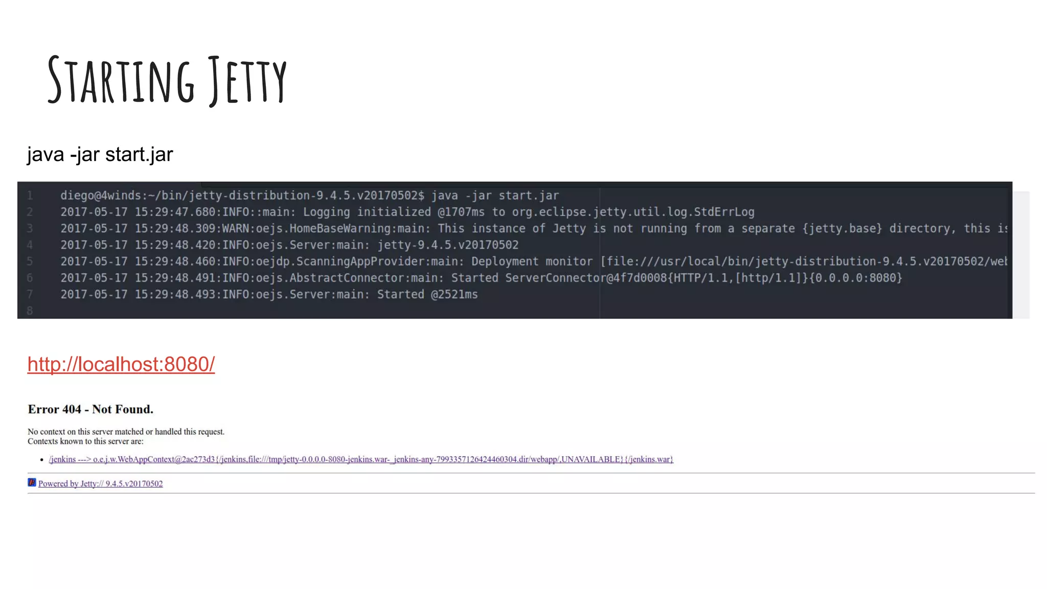 Starting Jetty
java -jar start.jar
http://localhost:8080/
