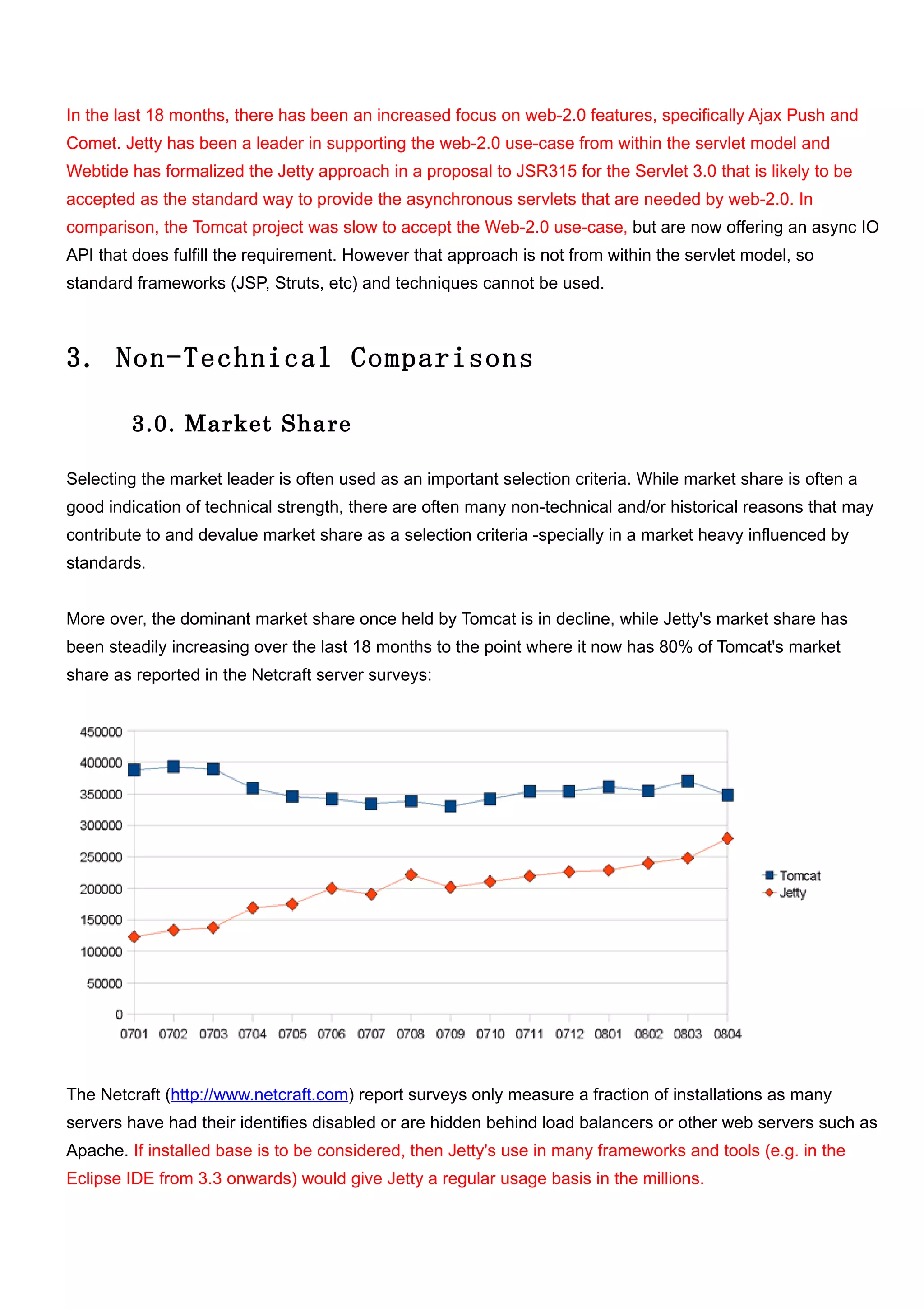 In the last 18 months, there has been an increased focus on web-2.0 features, specifically Ajax Push and
Comet. Jetty has been a leader in supporting the web-2.0 use-case from within the servlet model and
Webtide has formalized the Jetty approach in a proposal to JSR315 for the Servlet 3.0 that is likely to be
accepted as the standard way to provide the asynchronous servlets that are needed by web-2.0. In
comparison, the Tomcat project was slow to accept the Web-2.0 use-case, but are now offering an async IO
API that does fulfill the requirement. However that approach is not from within the servlet model, so
standard frameworks (JSP, Struts, etc) and techniques cannot be used.



3. Non-Technical Comparisons

        3.0. Market Share

Selecting the market leader is often used as an important selection criteria. While market share is often a
good indication of technical strength, there are often many non-technical and/or historical reasons that may
contribute to and devalue market share as a selection criteria -specially in a market heavy influenced by
standards.


More over, the dominant market share once held by Tomcat is in decline, while Jetty's market share has
been steadily increasing over the last 18 months to the point where it now has 80% of Tomcat's market
share as reported in the Netcraft server surveys:




The Netcraft (http://www.netcraft.com) report surveys only measure a fraction of installations as many
servers have had their identifies disabled or are hidden behind load balancers or other web servers such as
Apache. If installed base is to be considered, then Jetty's use in many frameworks and tools (e.g. in the
Eclipse IDE from 3.3 onwards) would give Jetty a regular usage basis in the millions.
 