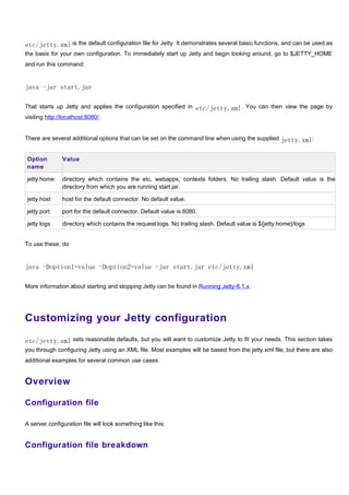 etc/jetty.xml is the default configuration file for Jetty. It demonstrates several basic functions, and can be used as
the basis for your own configuration. To immediately start up Jetty and begin looking around, go to $JETTY_HOME
and run this command:


java -jar start.jar

That starts up Jetty and applies the configuration specified in etc/jetty.xml. You can then view the page by
visiting http://localhost:8080/.


There are several additional options that can be set on the command line when using the supplied jetty.xml:


Option         Value
name

jetty.home     directory which contains the etc, webapps, contexts folders. No trailing slash. Default value is the
               directory from which you are running start.jar.

jetty.host     host for the default connector. No default value.

jetty.port     port for the default connector. Default value is 8080.

jetty.logs     directory which contains the request logs. No trailing slash. Default value is ${jetty.home}/logs


To use these, do


java -Doption1=value -Doption2=value -jar start.jar etc/jetty.xml

More information about starting and stopping Jetty can be found in Running Jetty-6.1.x.




Customizing your Jetty configuration

etc/jetty.xml sets reasonable defaults, but you will want to customize Jetty to fit your needs. This section takes
you through configuring Jetty using an XML file. Most examples will be based from the jetty.xml file, but there are also
additional examples for several common use cases.


Overview

Configuration file

A server configuration file will look something like this:


Configuration file breakdown
 