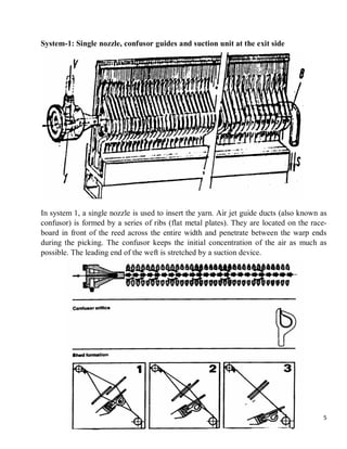 5
System-1: Single nozzle, confusor guides and suction unit at the exit side
In system 1, a single nozzle is used to insert the yarn. Air jet guide ducts (also known as
confusor) is formed by a series of ribs (flat metal plates). They are located on the race-
board in front of the reed across the entire width and penetrate between the warp ends
during the picking. The confusor keeps the initial concentration of the air as much as
possible. The leading end of the weft is stretched by a suction device.
 