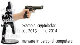 eﬃciency
privacy
stupidity
security
vulnerability
robot ethics
malice
example: cryptolocker
oct 2013 – mid 2014
malware in personal computers
 