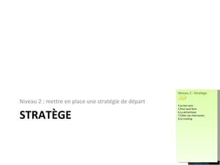 STRATÈGE Niveau 2 : mettre en place une stratégie de départ Niveau 2 : Stratège Le bon sens Pour quoi faire La sémantique Cibler vos internautes Le tracking 