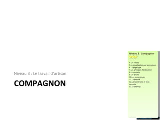 COMPAGNON Niveau 3 : Le travail d’artisan Niveau 3 : Compagnon Les robots La visualisation par les moteurs La page type Les principes d’indexation Le contenu Les ancres Les occurrences La densité Liens entrants et liens sortants Le sitemap 