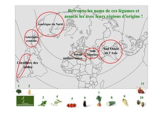Retrouve les noms de ces légumes et
                                associe les avec leurs régions d’origine !
             Amérique du Nord



     Amérique
      centrale

                                                              Sud Ouest
                                                     Asie
                                       Bassin       Mineure    de l’Asie
                                méditerranéen
Cordillère des
   Andes



                                                                                   11
1      2

                                                          7
                 3      4                       6                 8        9       10
                                     5
                                                                               1
 