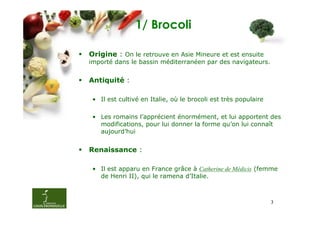 1/ Brocoli

Origine : On le retrouve en Asie Mineure et est ensuite
importé dans le bassin méditerranéen par des navigateurs.


Antiquité :

 • Il est cultivé en Italie, où le brocoli est très populaire

 • Les romains l’apprécient énormément, et lui apportent des
   modifications, pour lui donner la forme qu’on lui connaît
   aujourd’hui


Renaissance :

 • Il est apparu en France grâce à Catherine de Médicis (femme
   de Henri II), qui le ramena d’Italie.



                                                                3
 