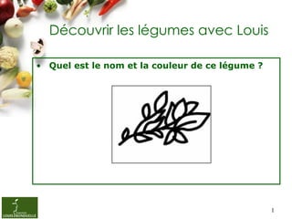 Découvrir les légumes avec Louis

• Quel est le nom et la couleur de ce légume ?




                                                 1
 