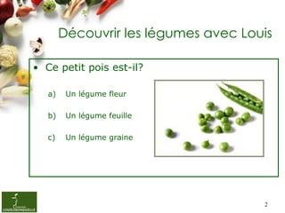 Découvrir les légumes avec Louis

• Ce petit pois est-il?

   a)    Un légume fleur

   b)    Un légume feuille

   c)    ...