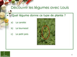 Découvrir les légumes avec Louis

•   Quel légume donne ce type de plante ?

    a)   La carotte

    b)   Le tournesol

 ...