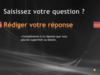 Rédiger votre réponseSaisissez votre question ?Compléments à la réponse que vous pouvez supprimer au besoin.