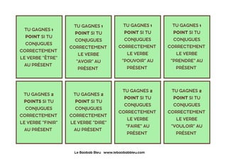 TU GAGNES 1
POINT SI TU
CONJUGUES
CORRECTEMENT
LE VERBE "ÊTRE"
AU PRÉSENT
TU GAGNES 1
POINT SI TU
CONJUGUES
CORRECTEMENT
LE VERBE
"AVOIR" AU
PRÉSENT
TU GAGNES 1
POINT SI TU
CONJUGUES
CORRECTEMENT
LE VERBE
"POUVOIR" AU
PRÉSENT
TU GAGNES 1
POINT SI TU
CONJUGUES
CORRECTEMENT
LE VERBE
"PRENDRE" AU
PRÉSENT
TU GAGNES 2
POINTS SI TU
CONJUGUES
CORRECTEMENT
LE VERBE "FINIR"
AU PRÉSENT
TU GAGNES 2
POINT SI TU
CONJUGUES
CORRECTEMENT
LE VERBE "DIRE"
AU PRÉSENT
TU GAGNES 2
POINT SI TU
CONJUGUES
CORRECTEMENT
LE VERBE
"FAIRE" AU
PRÉSENT
TU GAGNES 2
POINT SI TU
CONJUGUES
CORRECTEMENT
LE VERBE
"VOULOIR" AU
PRÉSENT
Le Baobab Bleu www.lebaobabbleu.com
 