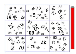 82
                                     72
                                                                                            20sec




                                                              65
 64 76




            49
                                88                                            9




                                            24 15
 46    89 41
             73 58                         43                 90




                                                                   56
84 2
51                         85   5     22                                          63



              23




                                                                    18
                                     27
                                           16
     80
                                                     57
                          14                              81                 79




                                                 29




                                                                   77
            28

                      55                   26
                                                                                  4
21



                           35                                  50 30
       71

                 47
       6                                                                          75




                                            7
                          60
                                     40
31
                      8




                                                                    39
            59                                                38                       20
       48




                                           36
           68 44                                 69            83
                           61




                                                                             62
                                                          1
                                                                        52
10




  42                                       37
           17 67                 25
                                                              32    13
                                                                              54
 53




                            78                                      34
            70
 19




                                      66
                      45




                                                      12
                                                74




                                                                         87
                                                                   86
 