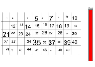 20sec




 1   2         4
                    5    6
                              7    8    9
                                             10
     12   13
               14   15 16 17       18 19     20

                         26
21   22   23 24     25        27   28   29
                                             30
31 32          34
                    35   36   37   38
                                        39 40
41   42   43   44   45   46   47   48   49
 