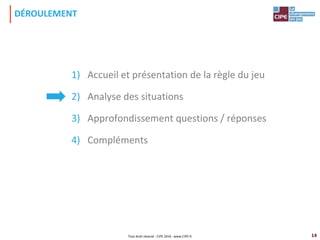 14
1) Accueil et présentation de la règle du jeu
2) Analyse des situations
3) Approfondissement questions / réponses
4) Compléments
DÉROULEMENT
Tout droit réservé - CIPE 2016 - www.CIPE.fr
 